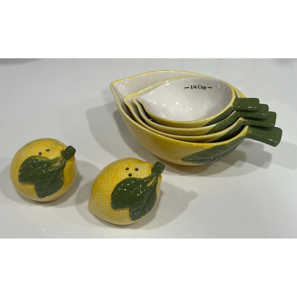 Ceramic Lemon Measuring Cups and Salt and Pepper Shakers Set Yellow 6 Piece